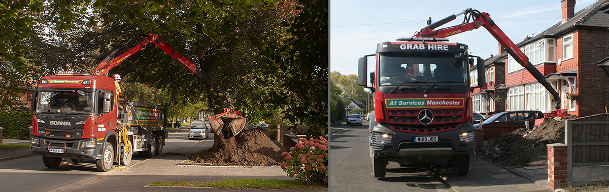 Grab truck delivering sand, gravel and collecting muckaway.